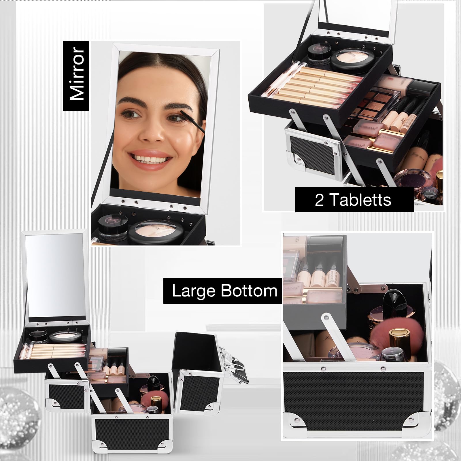 Maletín Maquillaje Profesional Negro Estuche de Maquillaje Maletín de Manicura Caja Maquillaje Joyero Cosméticos con Espejo Vacío de Viaje Regalos para Mujeres