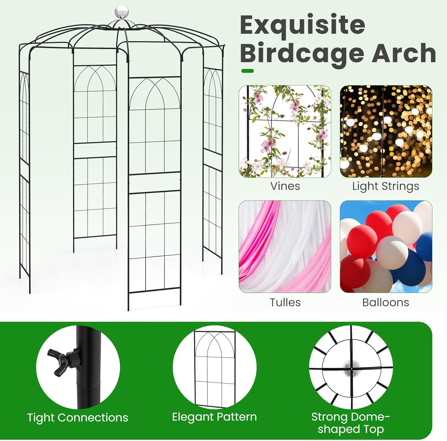 Happygrill Birdcage Shape Garden Arbor, 112" Tall Heavy Duty Gazebo with for Climbing Plants, Outdoor Arch Pergola Pavilion for Wedding Party Ceremony Decoration