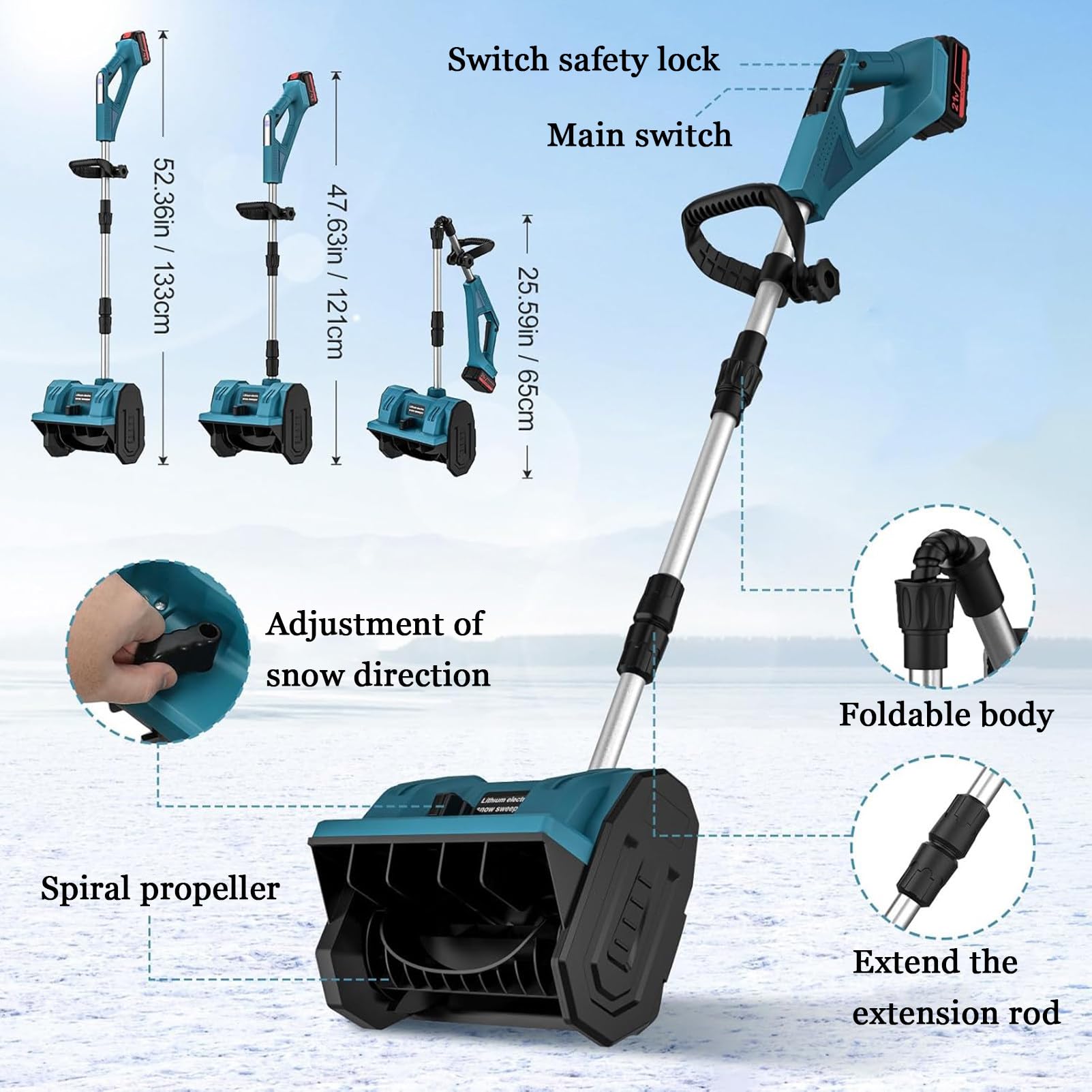 Spazzaneve elettrico, senza fili, pieghevole, con motore brushless per una rimozione efficiente della neve, distanza di lancio di 7,9 m, ideale per la pulizia invernale