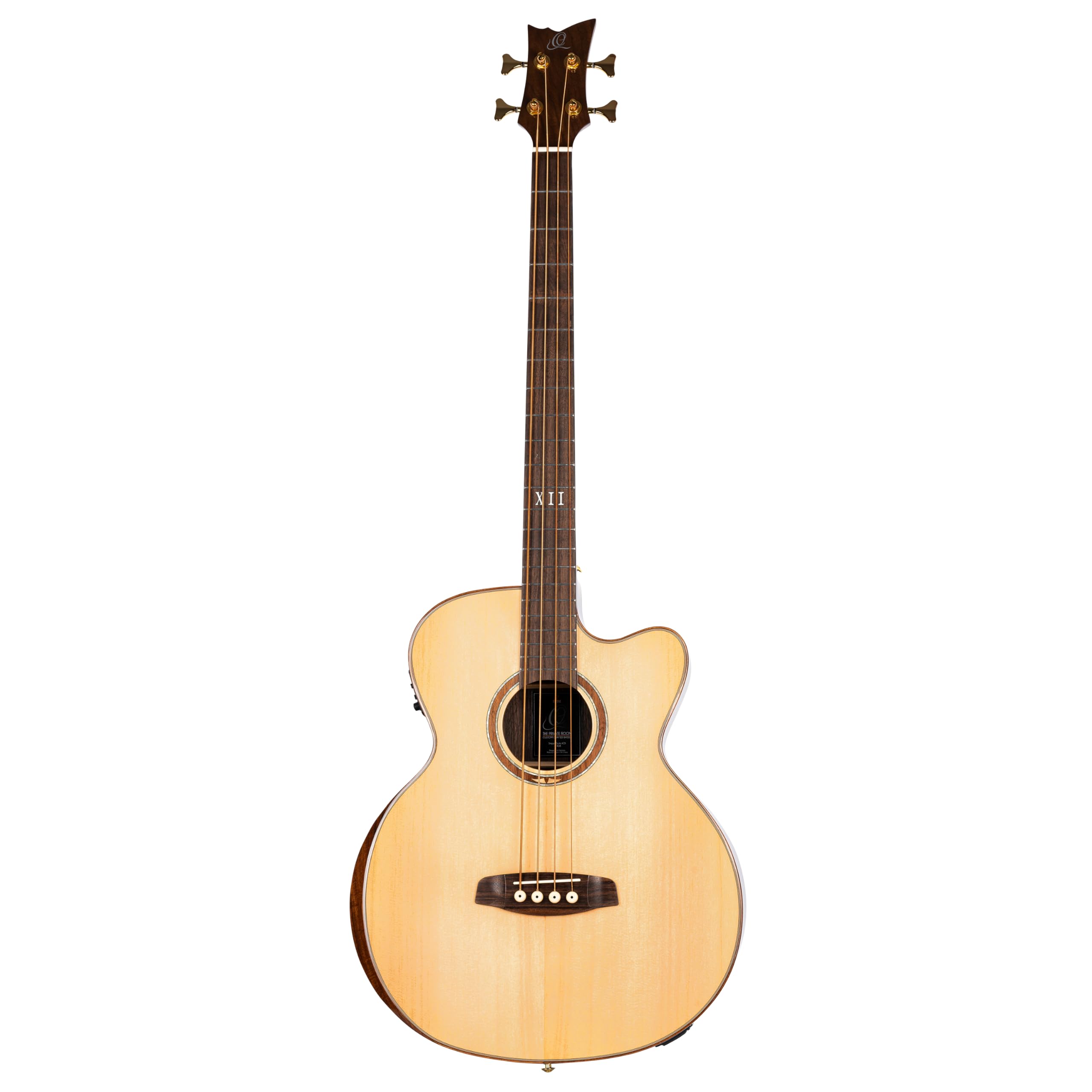 Ortega Guitars Bass Elektro-Akustisch 4-Saitig – Medium Scale, mit Cutaway, Armrest – The Private Room Series – Massive Alaska Fichte / Gestreiftes Ebenholz, Hochglanz Natur (STRIPEDSU.ACB)