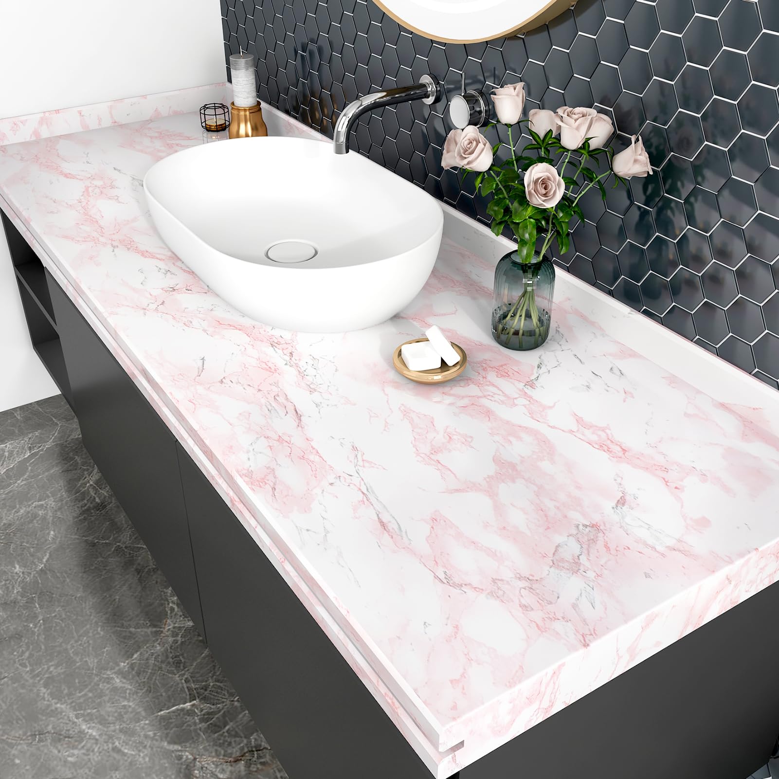 Carta Da Parati Effetto Marmo Bianco Rosa Pellicola Adesiva Per Mobili Tavolo Cucina Rotolo adesivo per pareti Carta Adesiva Per Mobili Armadio Carta Da Parati Autoadesiva Lavabile 40 x 200cm