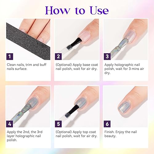 Miniatura 8 de MIZHSE Esmalte de uñas holográfico, esmalte de uñas plateado con purpurina de secado rápido, 0.5 fl oz0.5 fl oz, pigmento de uñas brillante de alto