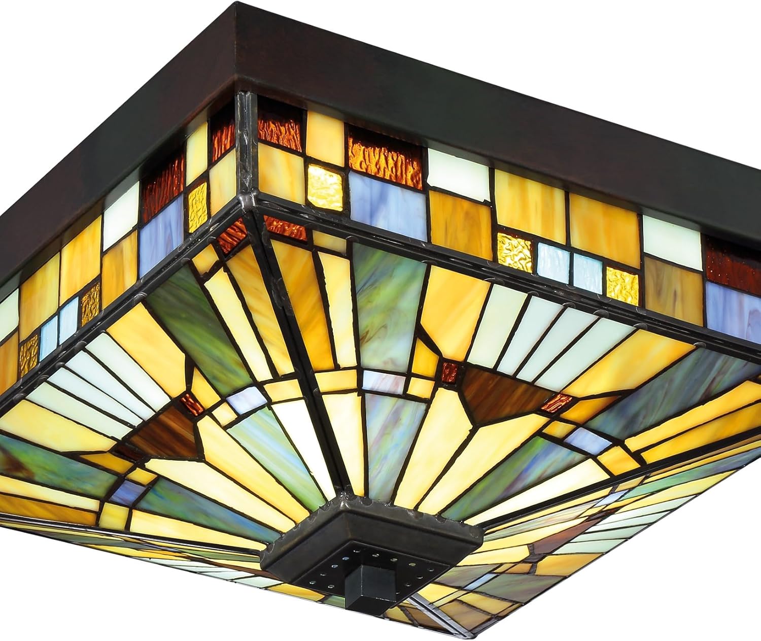 Quoizel TFIK1614VA Inglenook Interior Lighting Tiffany Style Classic Geometric Handcrafted Multicolor Art Glass Flush Mount Ceiling Light, 3-Light 180 Total Watts, 7" H x 14" W, Valiant Bronze