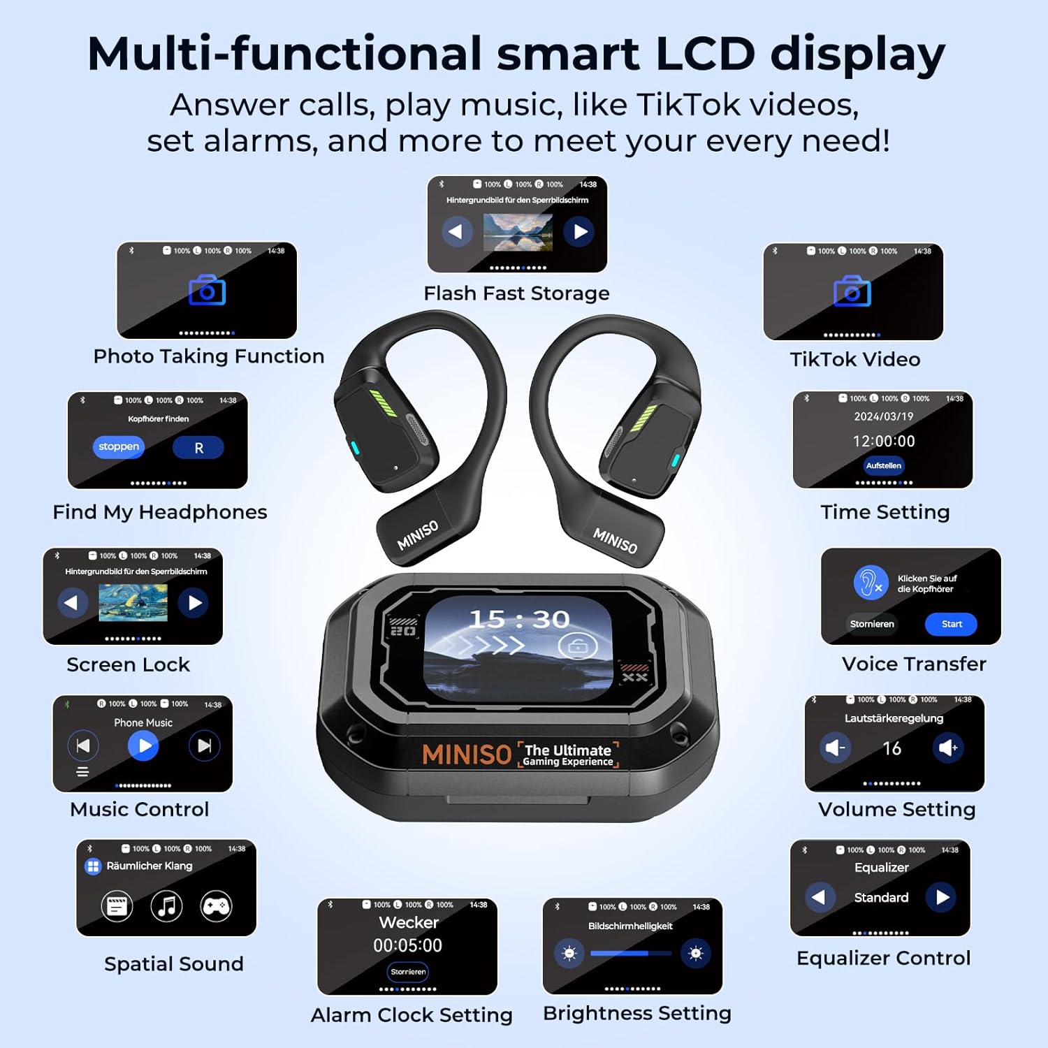 MINISO M98 charging case with LCD touchscreen showing various functions