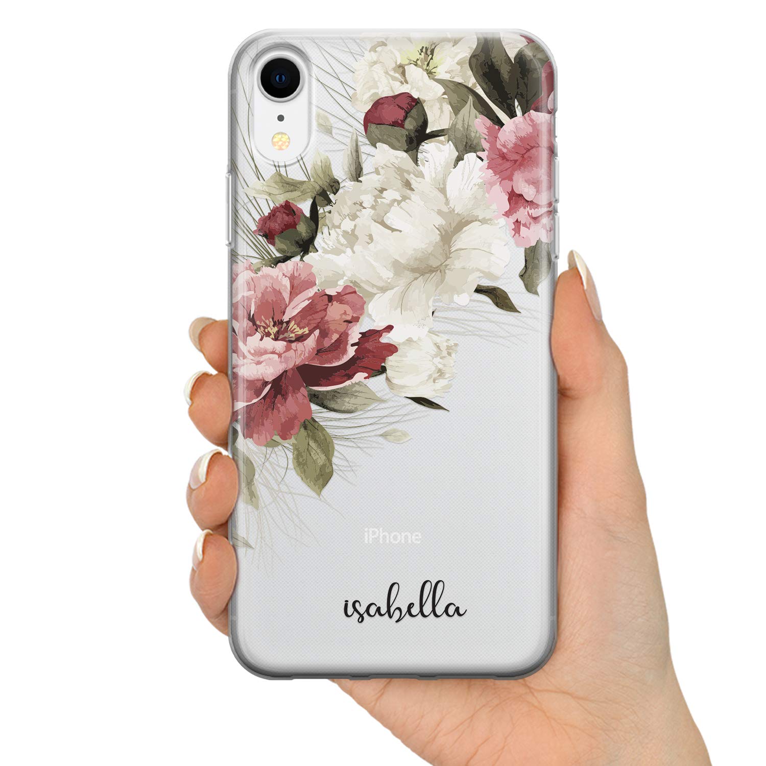 TULLUN Personalised Phone Case for iPhone 11 Pro Max - Clear Hard Plastic Custom Cover Floral Design Individual Style Initials Name Text - Handwritten Name