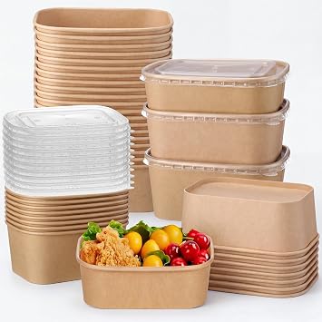 Newtay 100 Set Paper Food Containers with Lids, 3 Sizes Variety Pack 17oz/29oz/34oz Leakproof Rectangle Kraft Disposable Meal Prep Bowls for Cold Hot Food Takeout Catering & Party Leftovers