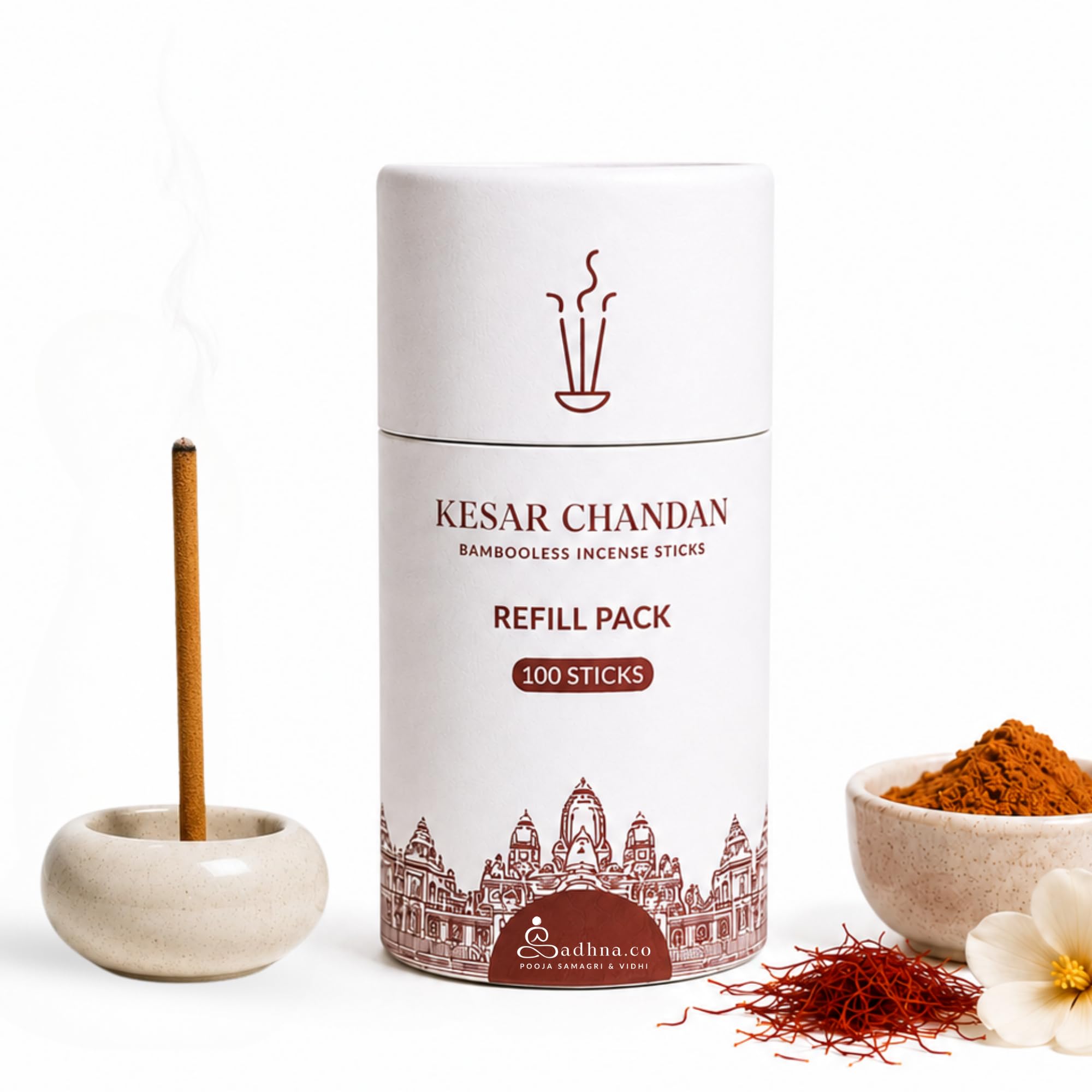 Sadhna.co Kesar Chandan (Saffron & Sandalwood) Bambooless Incense Sticks(agarbatti stick) Refill for Home (100 Sticks) | Natural Agarbatti | Chemical-Free Smokeless Dhoop Sticks for Pooja & Meditation