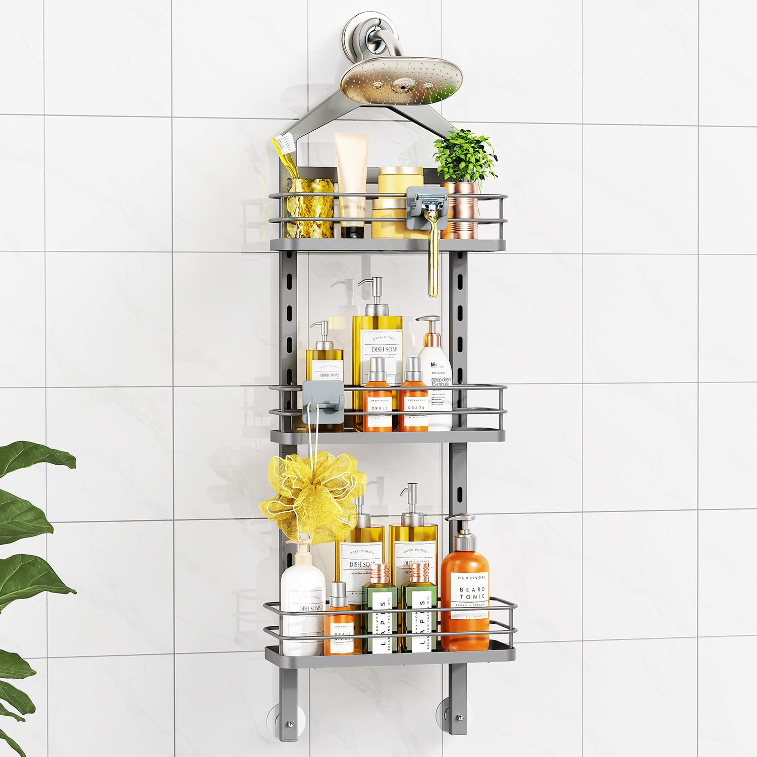 Photo 1 of ODesign 3 Tier Height-Adjustable Shower Caddy Hanging Anti-Swing-Over The Shower Head Caddy-Showe r Storage Organizer Bathroom Shelves Basket Caddies-Grey