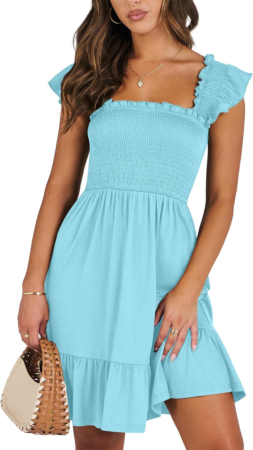 ANRABESS Women's Summer Casual Sleeveless Square Neck Dress 2026 Smocked Ruffle Backless Boho Beach Cute Teen Short Sundress