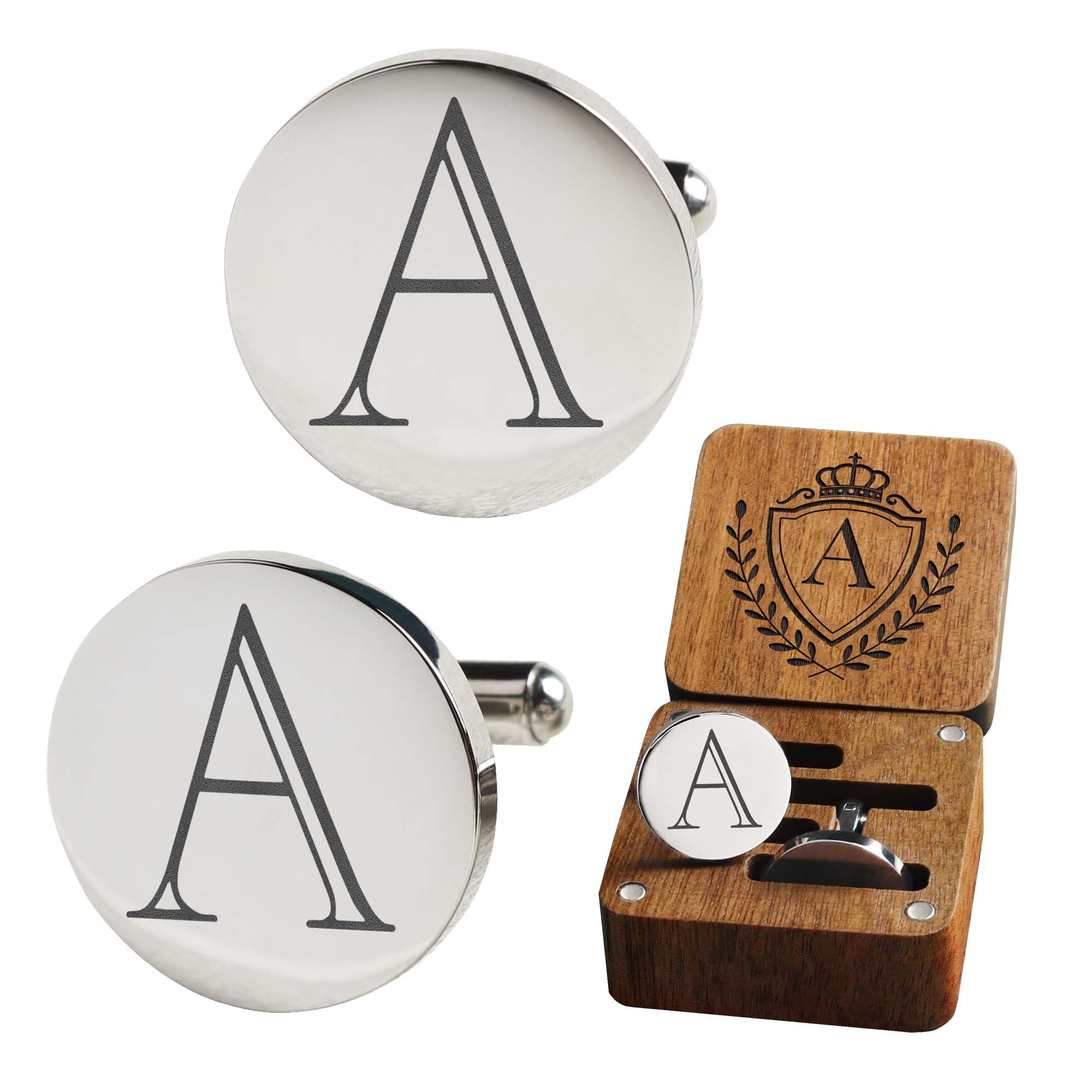 SeemDantenMens Classic Initial Cuff links A-Z Alphabet 26 Letters Stainless Steel Silver CuffLinks with Engraved Walnut Wood Gift Box Business Wedding Set