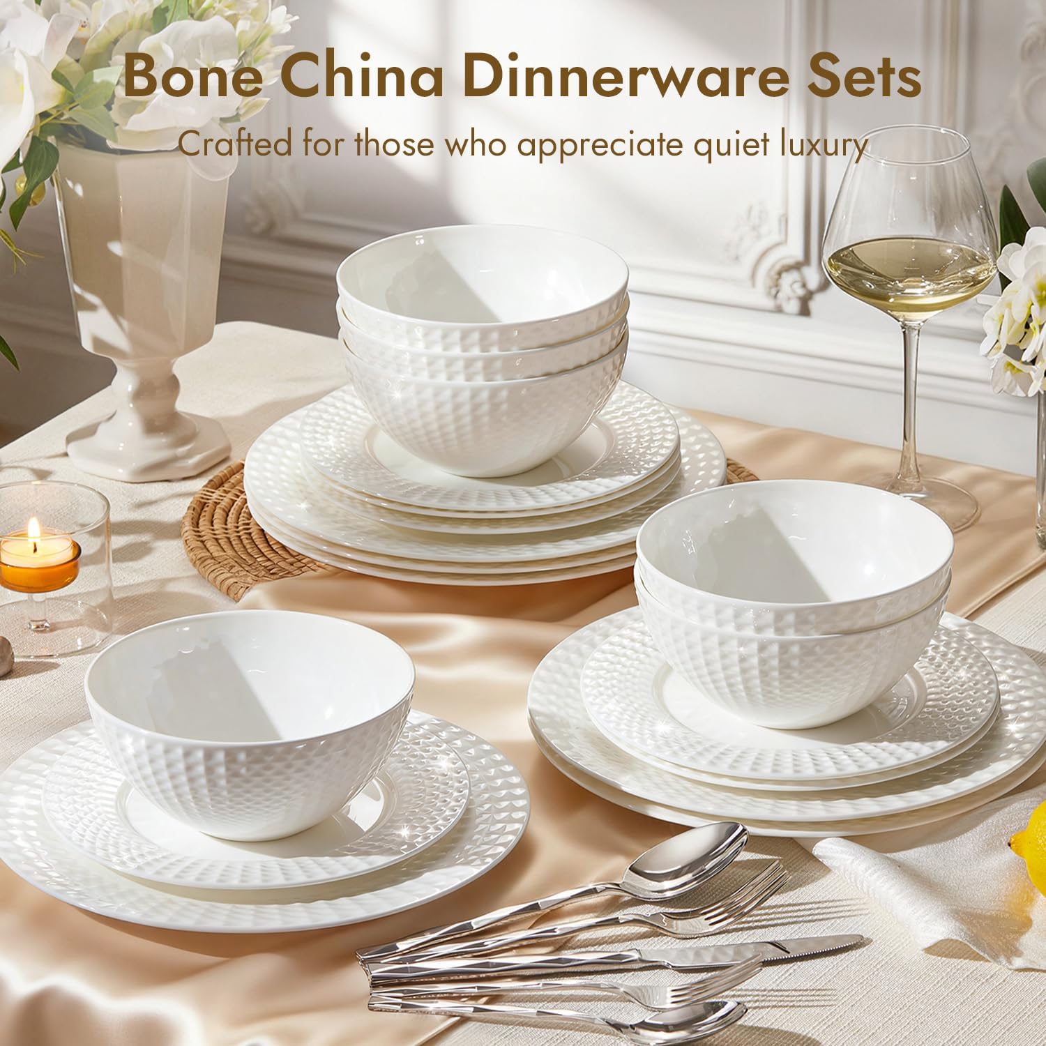 KINGSTONE Bone China Dinnerware Set, 24-Piece White Lightweight Porcelain for 8, Plates and Bowls with Rhombus patterned edge design, Microwave and Dishwasher Safe, for Family, Restaurant, Gifting - Image 4
