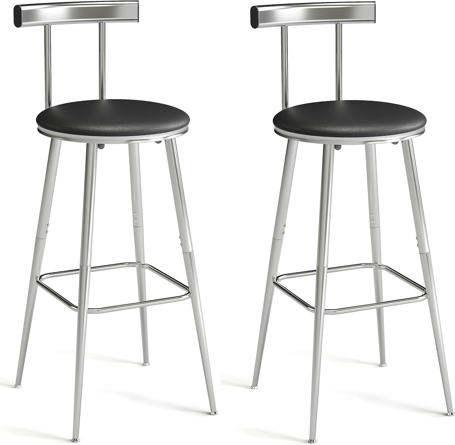 bar stools, set of 2 high kitchen barstools, bar chairs with backrest and footrest, industrial counter stools with pu soft seat, for kitchen, living room, pub, silvery bs-011si