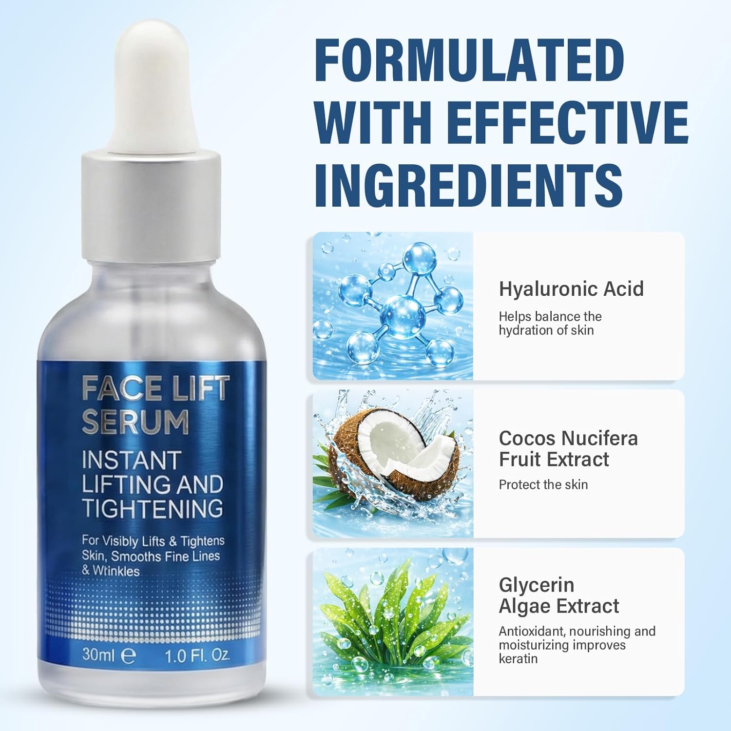 Instant Face Lift Serum-Temporary Lifting & Tightening Facial Serum for Women & Men | Visibly Smooths Skin Appearance with Peptides & Hyaluronic Acid | 1 Fl Oz