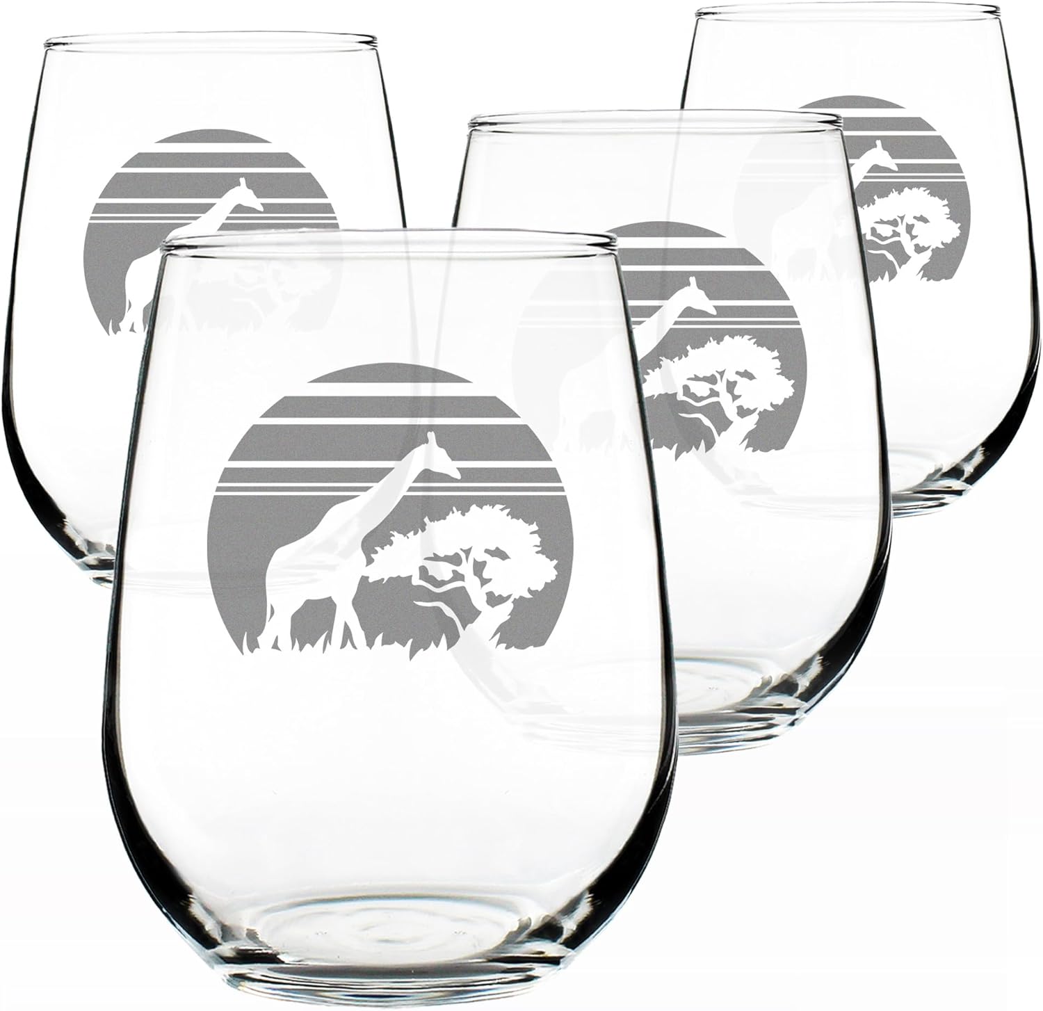 Bevvee Giraffe Sunset Stemless Wine Glass - Fun Safari Themed Decor and Gifts for Lovers of African Wild Animals - Set of 2 - Large 17 Oz Glasses