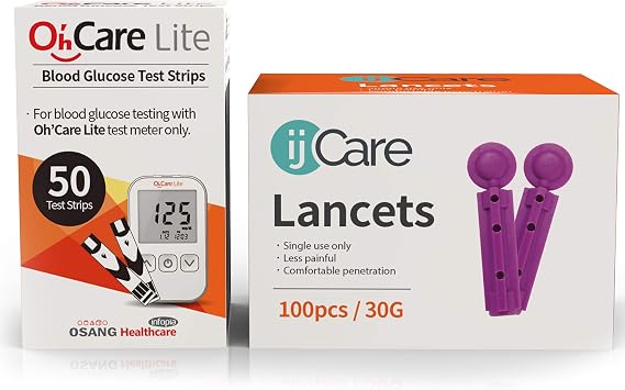 OhCare Lite Blood Sugar Testing Monitor Glucose Test Strips and Lancets for for Blood Testing Accurate and Affordable Diabetic Supplies 50 Strips + 100 Lancets