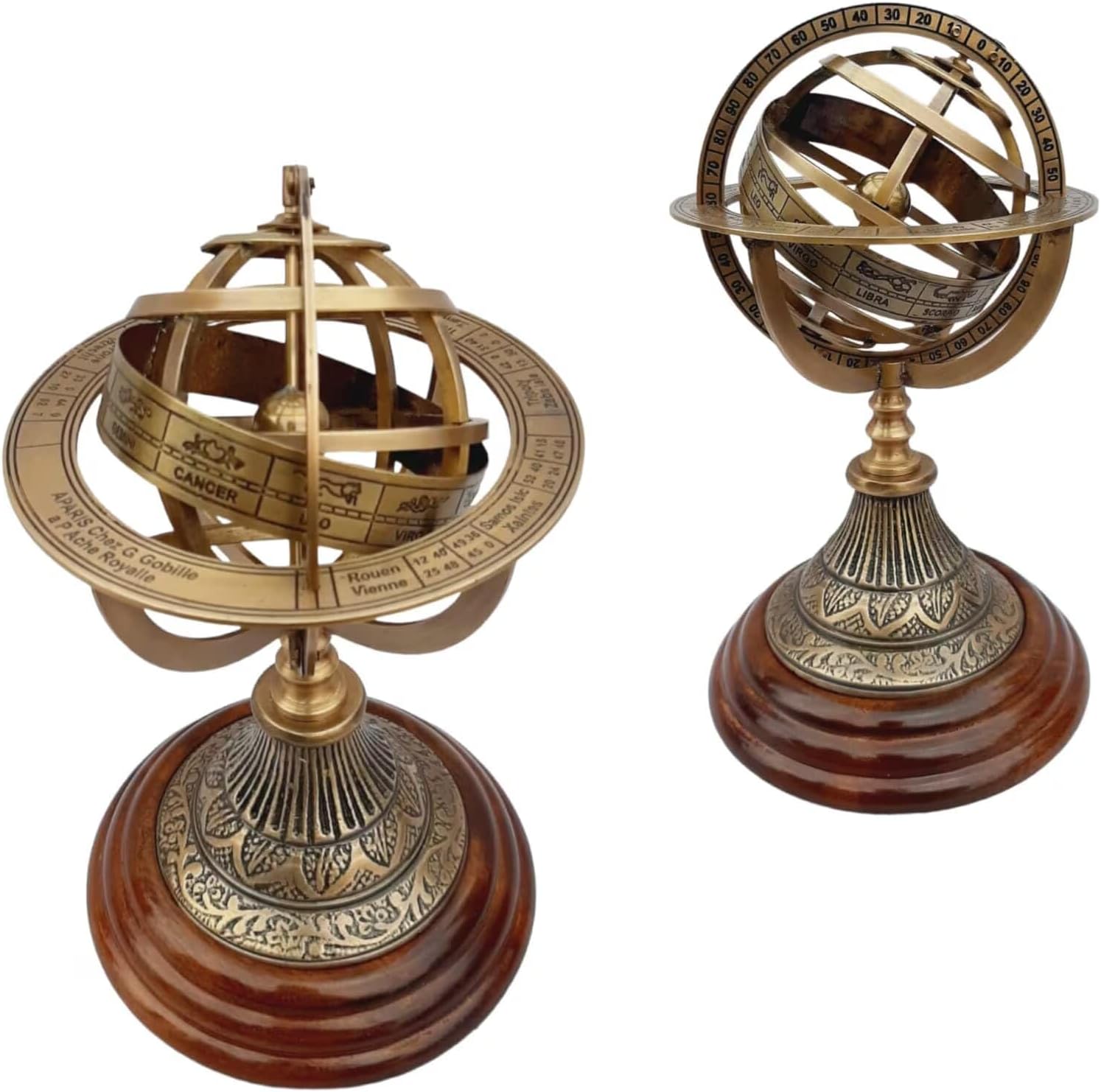 Brass Armillary Astrolabe Armillary Zodiac Engraved Wooden Base Nautical Brass Sphere Armillary Engraved Armillary 9" Height 4.5" Base