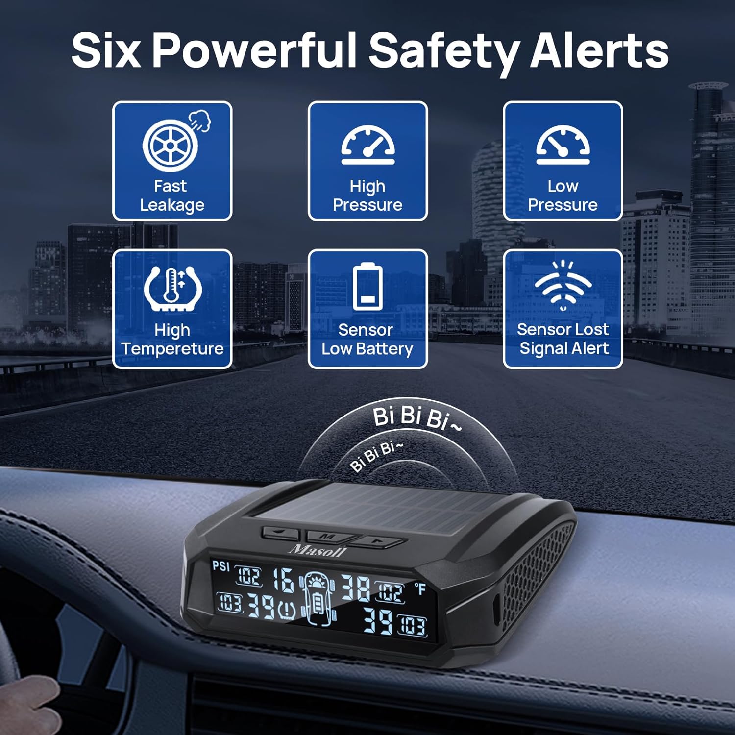 RV tire Pressure Monitoring System, Wireless TPMS Tire Pressure Monitor System with Solar Charger, RV TPMS with 4 tire Pressure Sensors & 6 Alarm Modes(0-87 PSI)