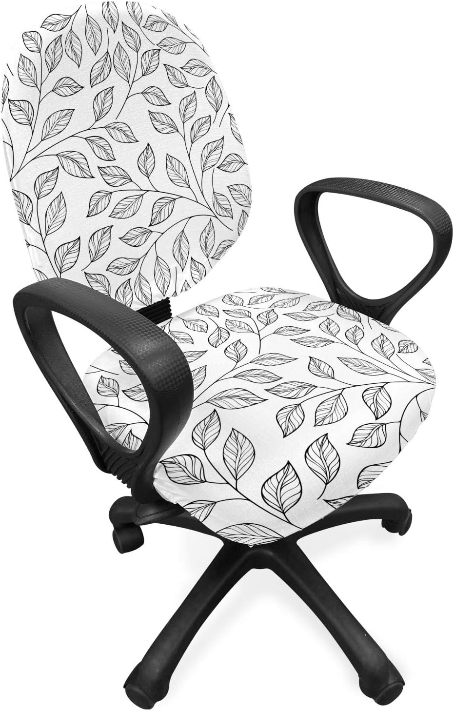 Ambesonne Leaves Office Chair Slipcover, Hand Drawn Style Simple Minimalist Floral Pattern Rustic Country Life Inspiration, Protective Stretch Decorative Fabric Cover, Standard Size, White and Black