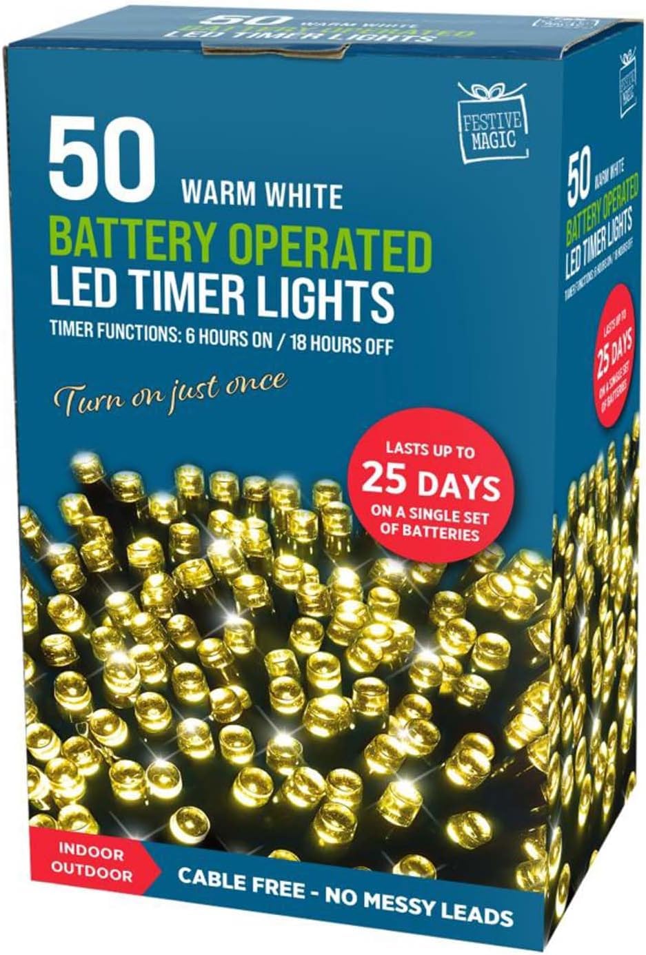 Bazzaree Warm White Festive Magic 50 Led String Lights – Battery Operated Christmas Lights With Timer – Indoor & Outdoor Use For Cozy Decor