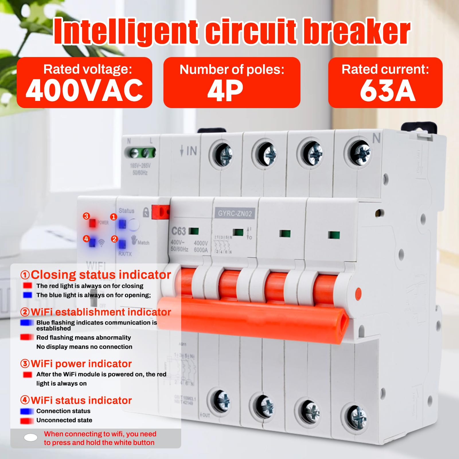 Jadeshay Disyuntor Inteligente WiFi,4P 63A Interruptor Inteligente Rearme Automatico Interruptor Magnetotermico con Protección contra Sobretensión Sobrecarga,WiFi Control Remoto via Tuya o Smart Life
