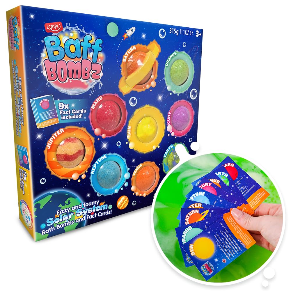 ZIMPLI 9 x Solar System Bath Bombs Gift Set, 9 x Planetary Fact Cards, Kids Educational Planet Toy, Science Kits for Boys & Girls, Bath Toy Birthday Presents, Learning Pocket Money Gifts