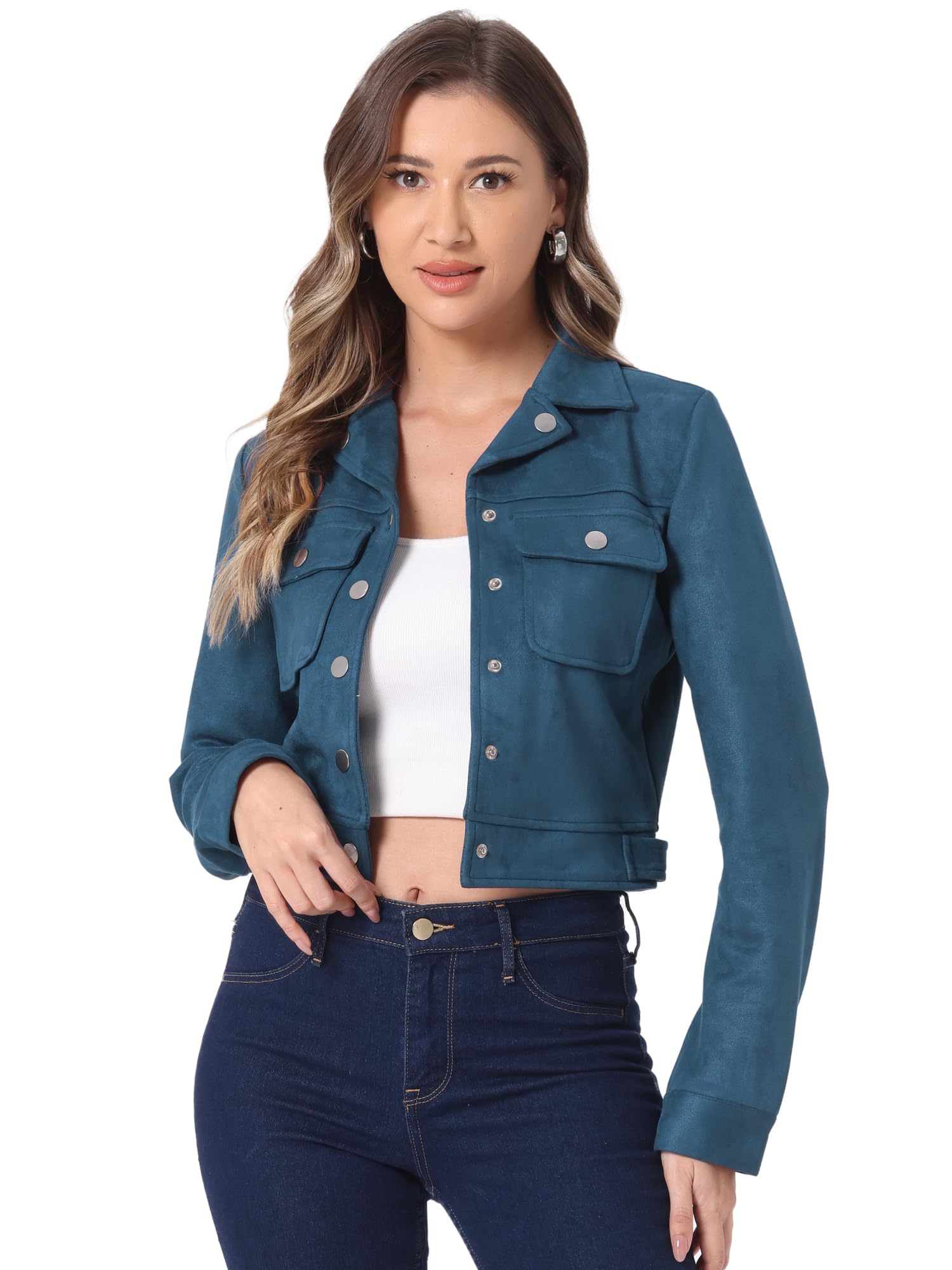 Allegra K Women's Faux Suede Jacket Button Down Collar Crop Outerwear