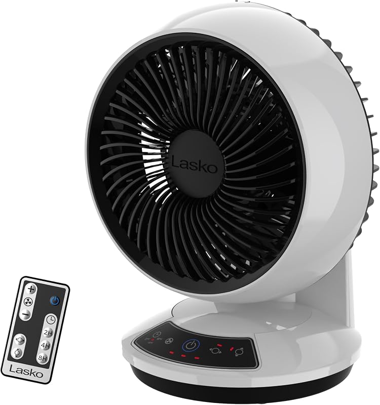 Ventilador de mesa de circulación de aire Whirlwind - 12"- A12557 - Blanco | Movimiento orbital, 3 velocidades, mango incorporado, temporizador, modo oscuro, remoto, para habitaciones pequeñas y medianas