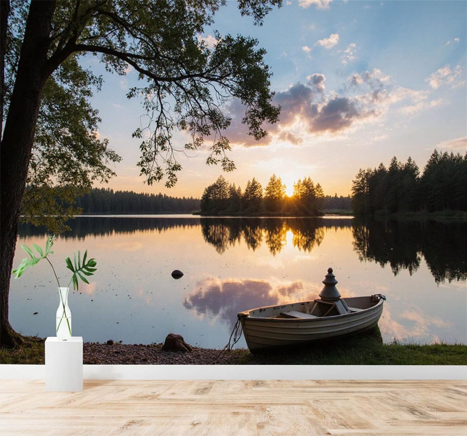 XLMING Small Boat Tranquil Lake Forest Sunset Reflection 3D Wallpaper Silky Texture Home Study Office Grey Dining Room Sofa Bedroom Living Room TV Backdrop-250cm×170cm