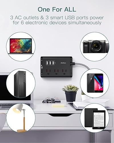 Miniatura 2 de Addtam Tira de alimentación con certificado ETL, cable de extensión de enchufe plano con 3 puertos USB, cable trenzado de 5 pies, regleta de