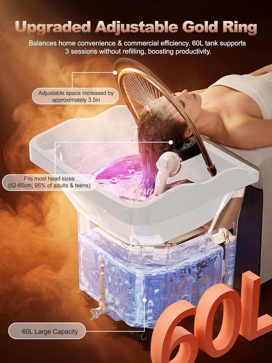 Head Spa - Advanced Water Circulation Technology Shampoo Bowl with 60L Water Storage & 25L Waste Tank for Barber Shops and Scalp Care Relaxation