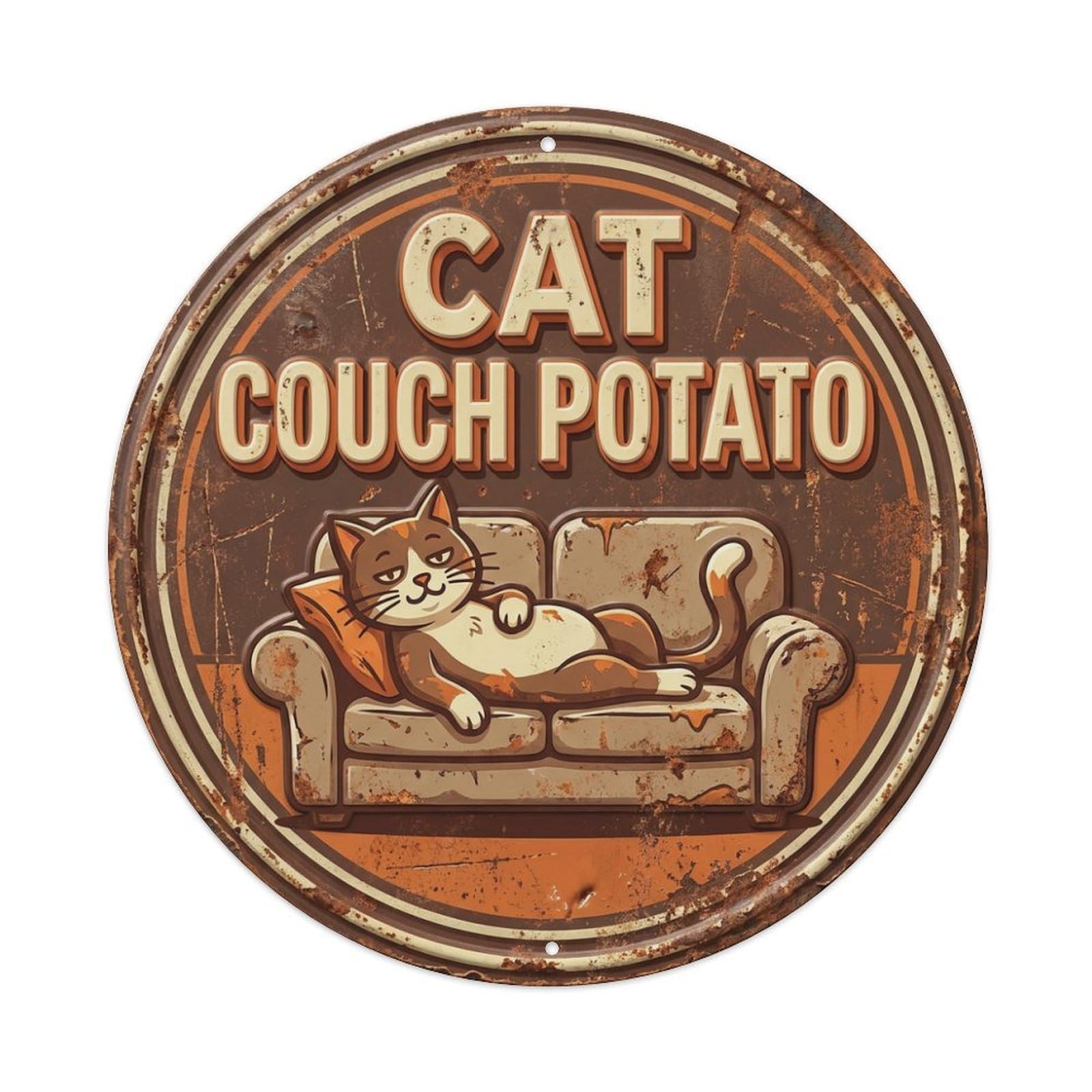 Vintage Cat Couch Potato Meow Metal Tin Sign Plaque Wall Decor for Cafe, Club, Garden Round Metal Poster 8x8Inch