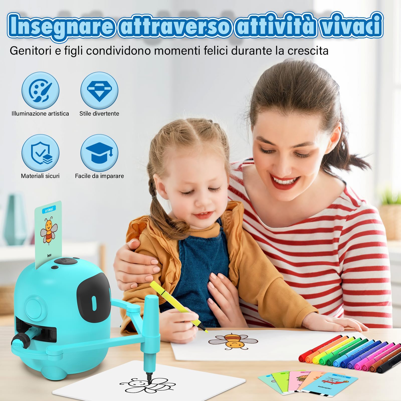 Ruycllo Robot da Disegno Interattivo per Bambini - Giocattolo Educativo con 100 Schede e Penna, Voce in Inglese, USB Type-C, Ricaricabile, per Apprendimento e Regalo Bambini 3–10 Anni (Blu)