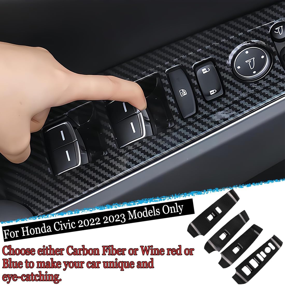 MUXEE 11th Gen Civic Window Control Panel Door Armrest Cover Door Lock Switch for Honda Civic 2022 2023 2024 2025 2026 - ABS Carbon Fiber Sport Interior Accessories