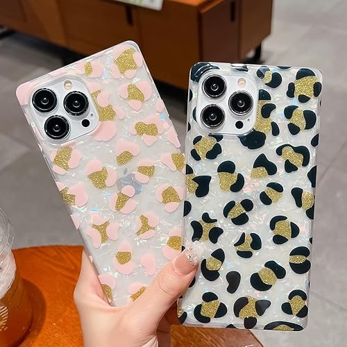 Miniatura 2 de KERZZIL Funda de lujo con patrón de leopardo de nácar para iPhone 13 Pro Max, con borde cuadrado, lindo polvo dorado brillante brillante para