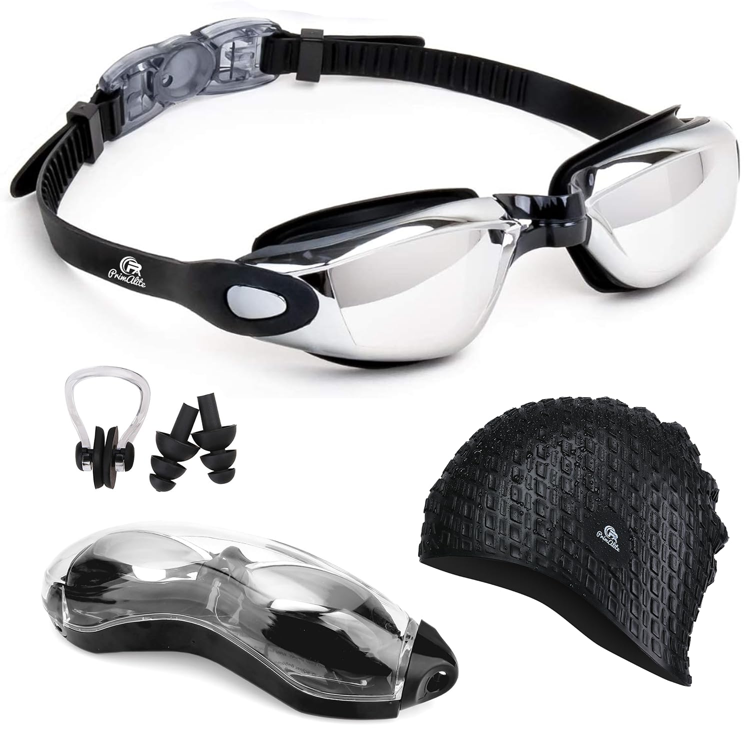 Primalite Swimming Kit- Swim Goggles and Swim Caps Combo Set, Nose Clip, Ear Plug & Case- Silicone Non-Slip Material on Glass & Cap, Anti-Fog, UV Protection, Long Hair- Adults Men Women- Silver-Black (B0DBGK2TS7) Amazon Price History, Amazon Price Tracker
