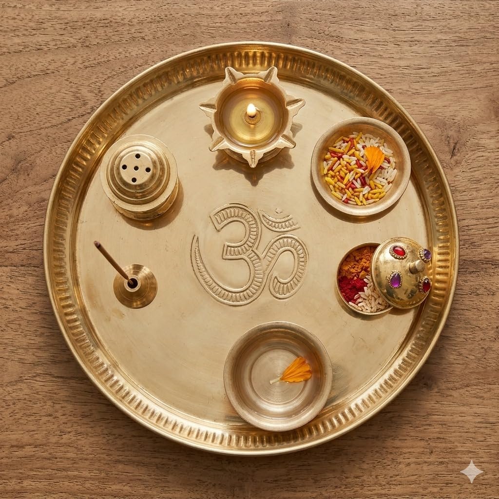 AKSHATA® Brass Puja Thali Set with Beautiful Handcrafted Design |Pooja Thali|Arati|Arathi|Arthi|Arathi|Bartan Thambulam Plate|Puja Set|Pooja Plate SetHome Decor|karwa chauth Diameter 9 inch(1pc)