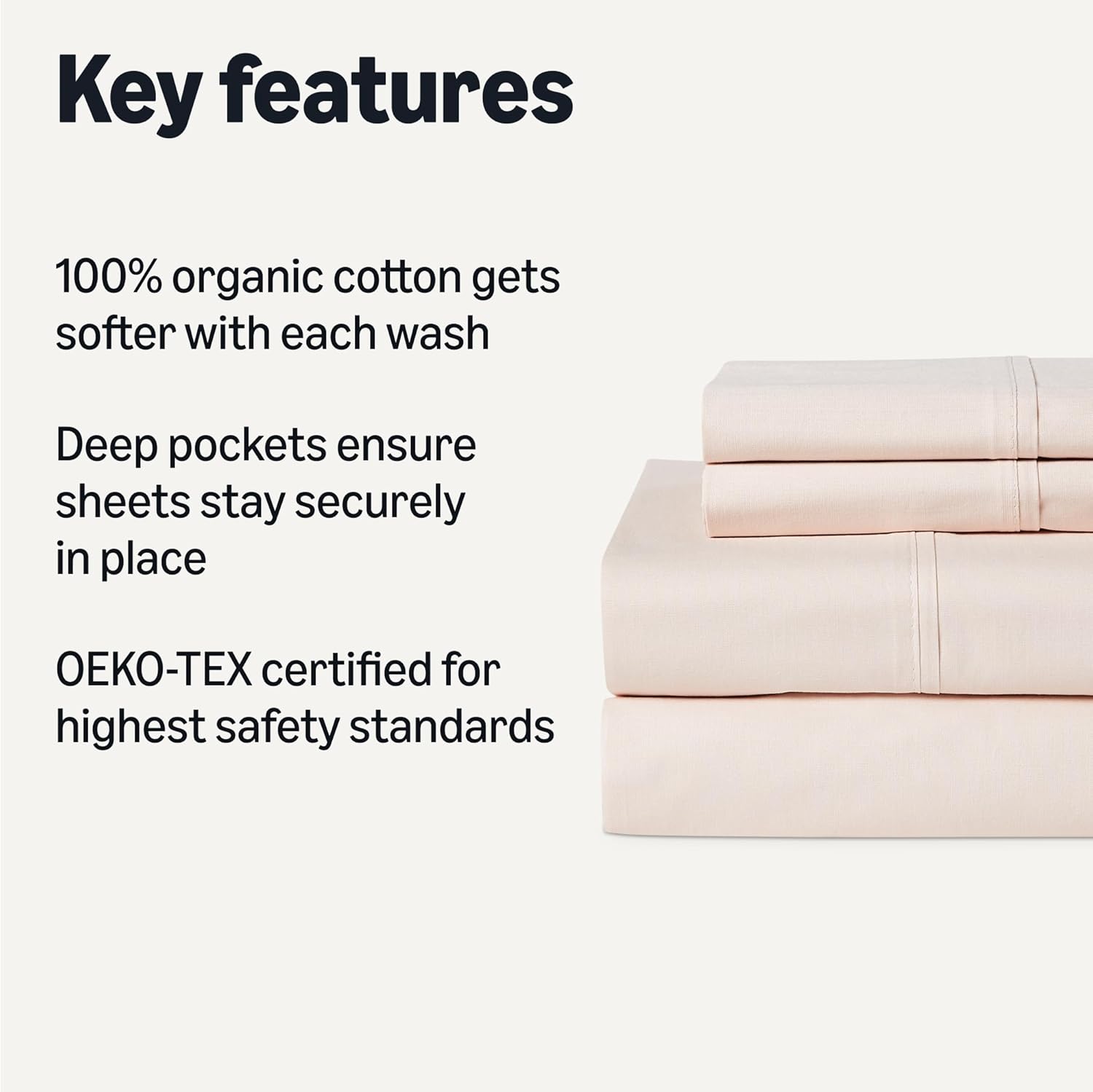 Amazon Basics 100% Organic Cotton Kids' Sheet Set with Pillowcase, Queen Size, Pale Pink