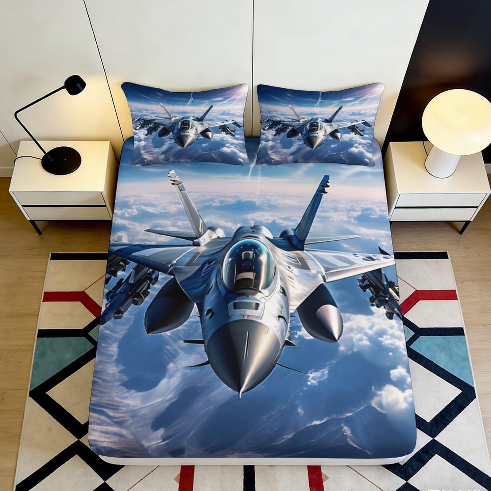 Pnayamiorkfel Style-3 3D Printed Fighter Jet Fitted Sheet Microfiber Soft Breathable Sky Clouds Bed Cover For Bedroom Dorm Decor 90X200x25cm