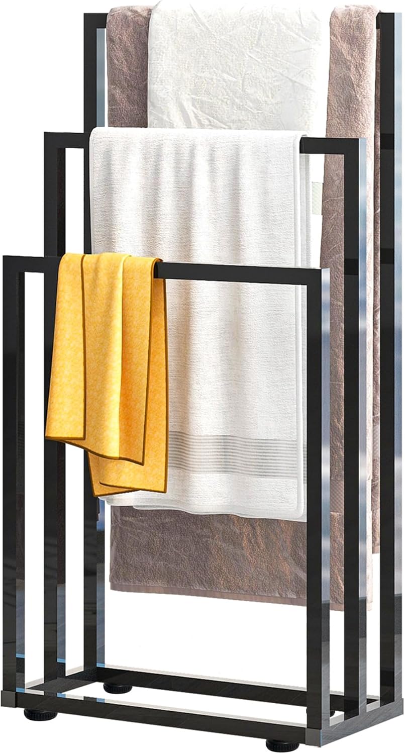 Free Standing Towel Rack with 3 Shelves & Adjustable Feet, 39" Modern Bathroom Towel Drying Rack for Poolside, Laundry Room, No Drilling Required, Blanket & Quilt Holder Black
