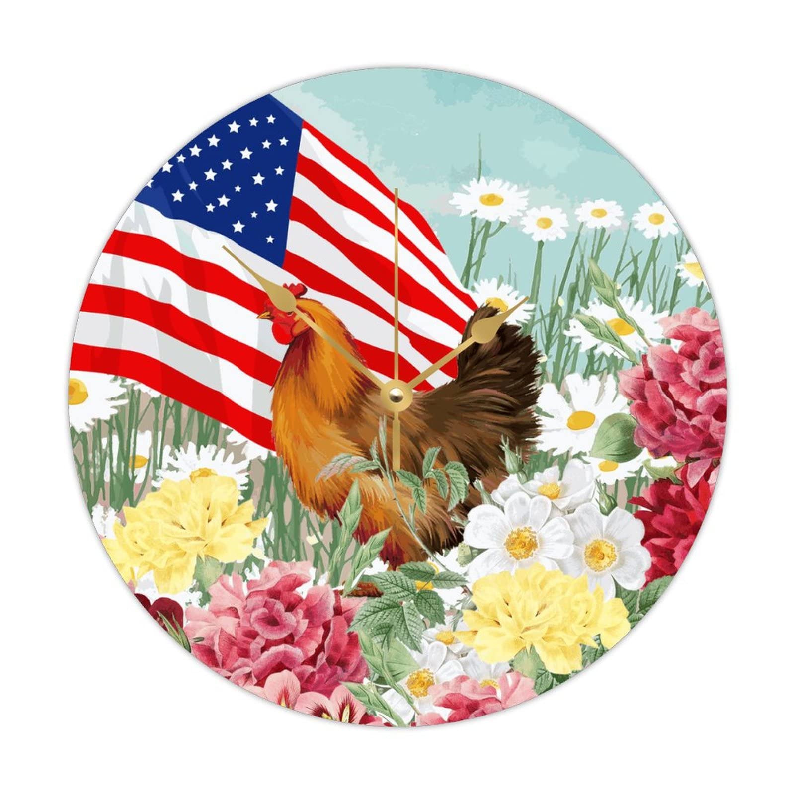 Horloge murale ronde en bois style ferme avec motif coq vintage et drapeau américain