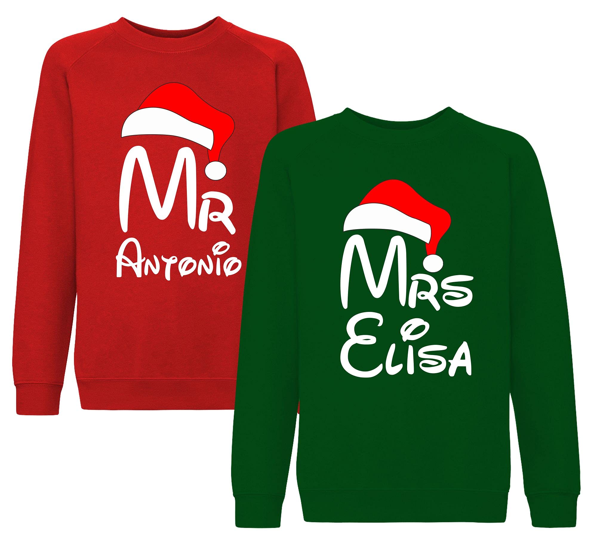 fashwork - Coppia Felpe Personalizzate Natalizie con Nome, Felpa Uomo e Donna Girocollo Rossa e Verde, Felpe Merry Christmas Idee per Regali Natale Originali