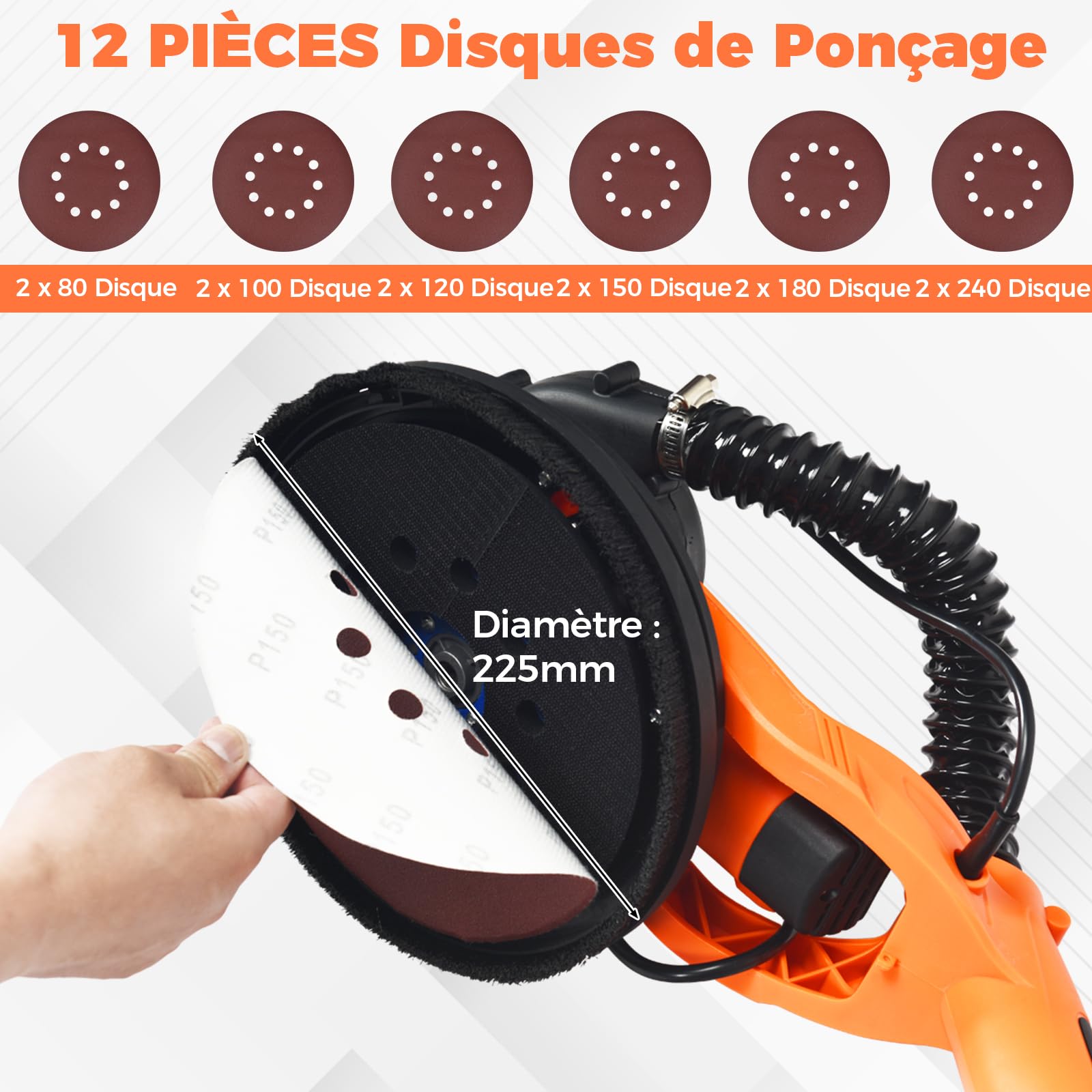 GOPLUS Ponceuse Girafe Aspirante 750W, Ø225mm, Lumières LED, 6 Vitesse, 800-1500 tr/m, Ponceuse Mur et Plafond Électrique Pliable avec Manche Télescopique, 12 Disques Abrasifs 80-240, Sac de Transport