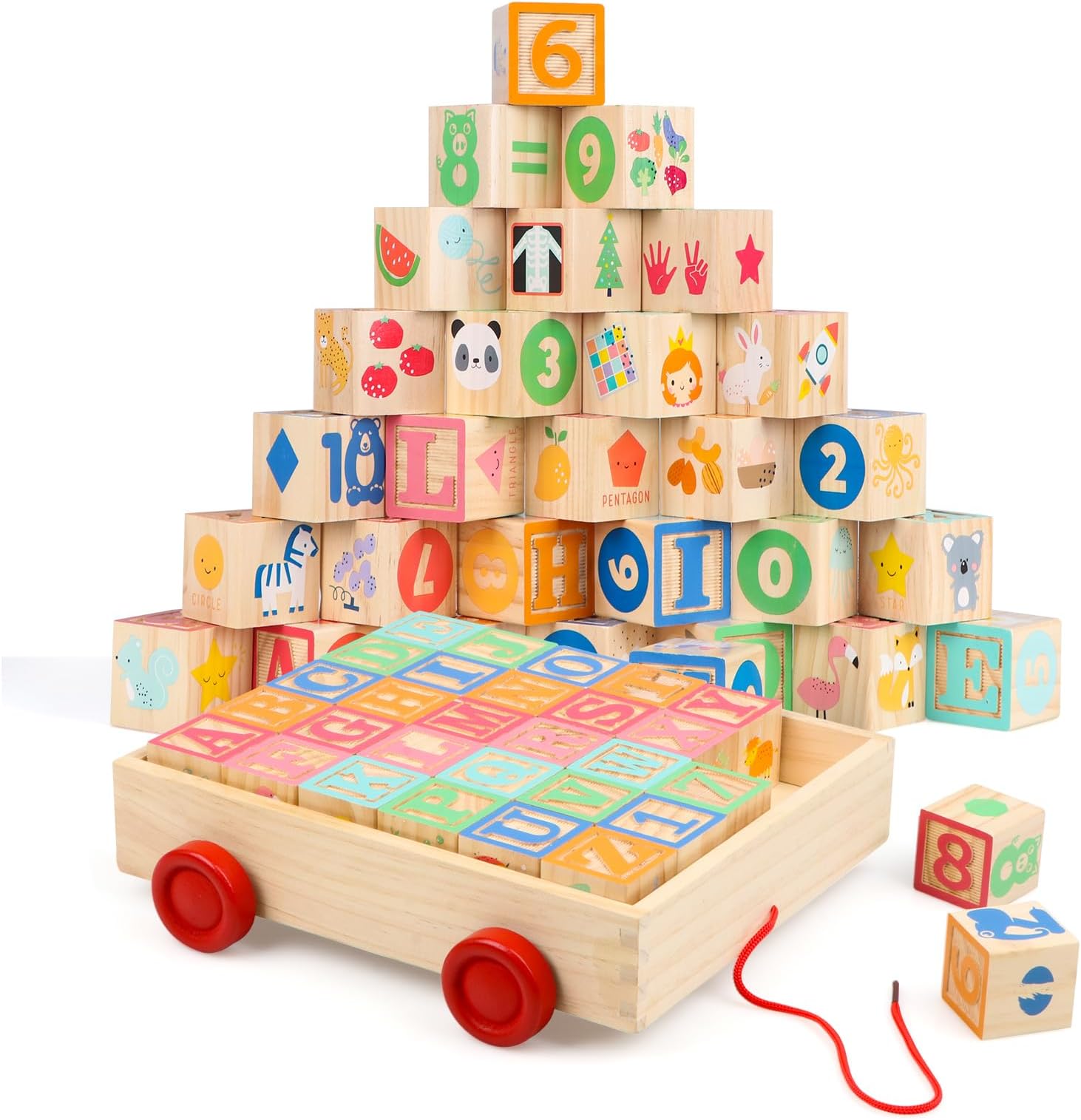 Joqutoys ABC Wooden Blocks Cart, Wooden Alphabet Blocks Set for Toddlers 1-3, 30 Pieces Stack and Build Blocks Come in a Pull Wagon, Educational Wooden Toy for Boys Girls Gifts 1.65"