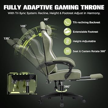 GTPLAYER Fabric Gaming Chair with Footrest, Ergonomic Computer Desk Chair with Pocket Spring Cushion Home Office High Back Support Lumbar Support Heavy Duty Wide