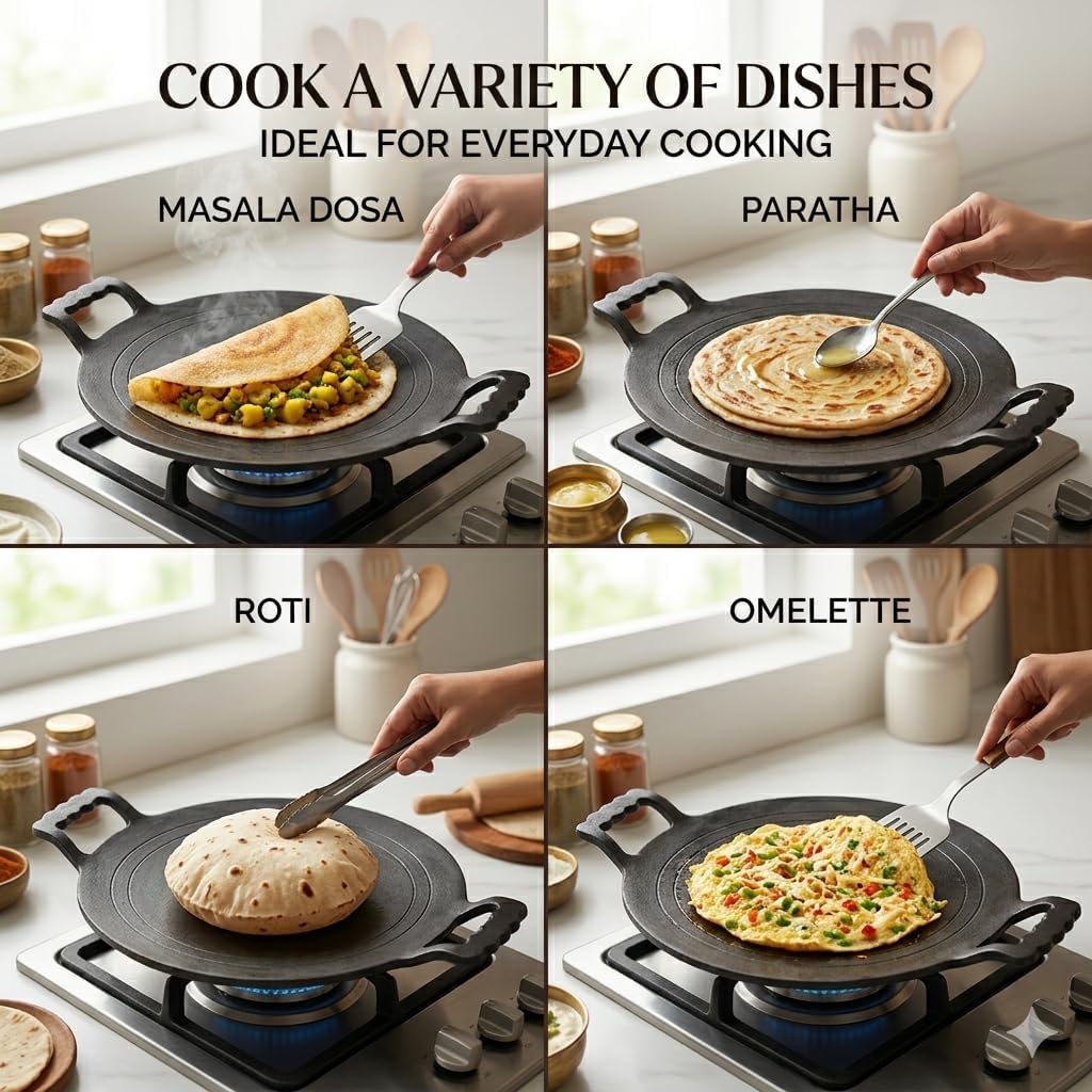 Iron Dosa Tawa with Free Turner - 12 Inch, Round, Heavy Duty Tawa for Crispy Dosas, Paratha & Chapati, Natural, Even Heat Distribution, No Chemical Coating - Black