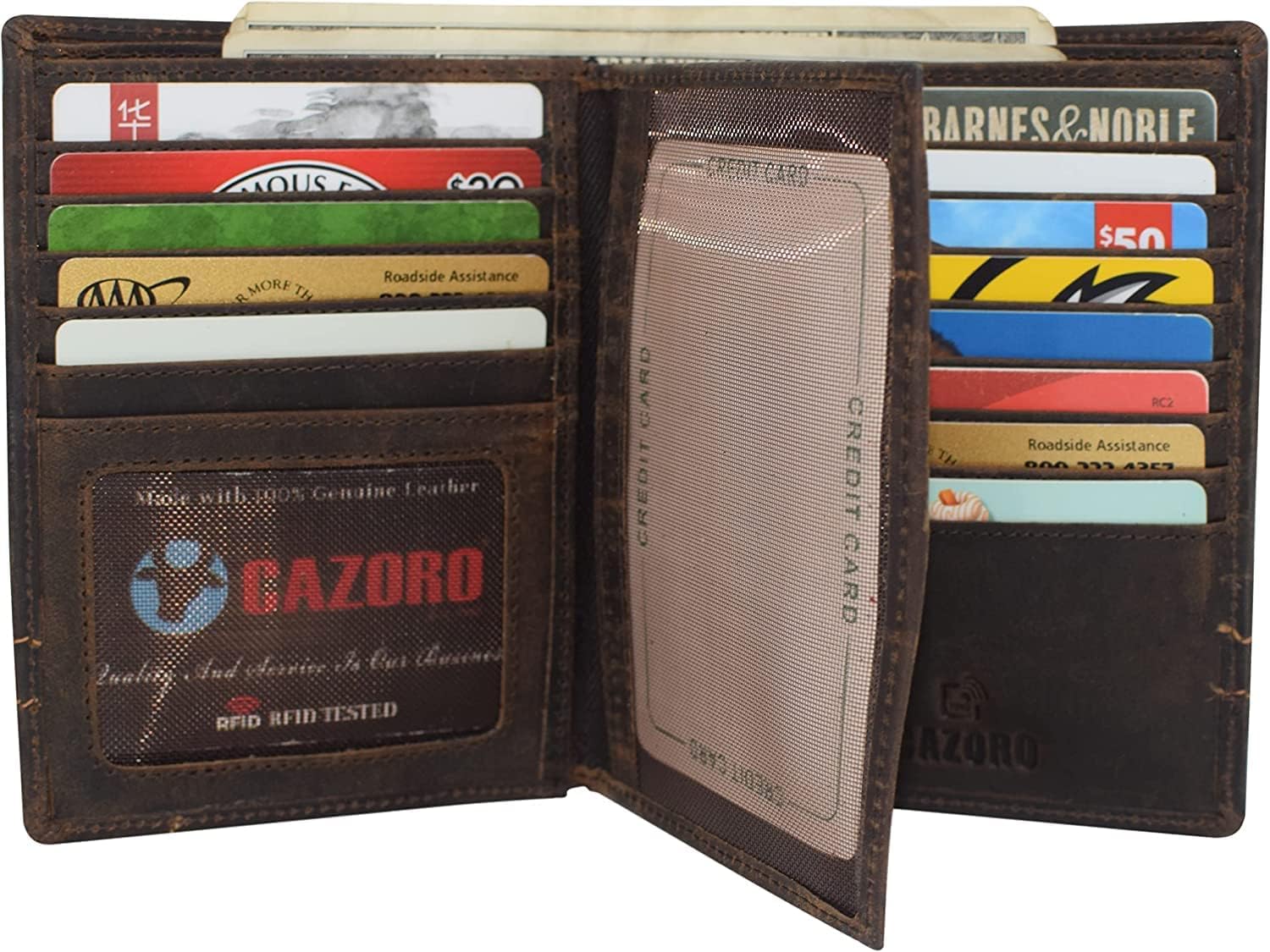CAZORO RFID Blocking Hipster Bifold Men's Vintage Leather Multi-Card ID Holder European Wallet for Men (Logo)