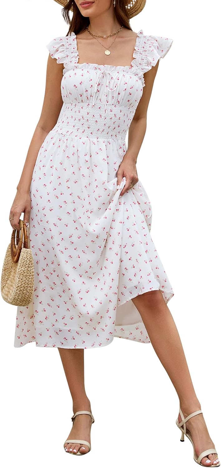 Women's 2026 Summer Flowy Maxi Dresses Casual Ruffle Sleeve Square Neck Smocked Waist Beach Vacation A Line Long Dress