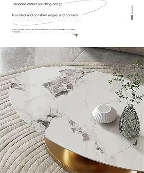 Modern Oval Coffee Table with Sintere Stone Marble Effect Top, Metal Base, Living Room Furniture (Gold)