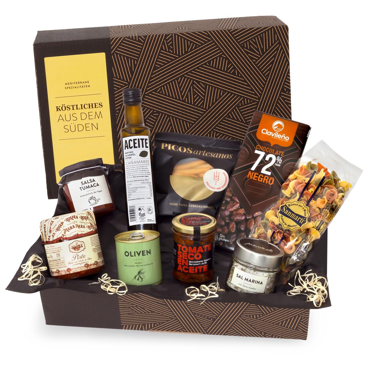 Vegetarisches Geschenkset mit mediterraner Feinkost, nativem Olivenöl Extra und Meersalz