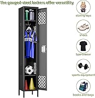 Vista 5 de Taquilla de metal de 1 puerta con estantes ajustables y 3 ganchos, armarios de metal para empleados para gimnasio, escuela, oficina, hogar, garaje